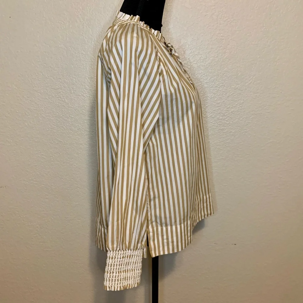 J. Crew ReImagined Popover Top Smocked Cuffs Ruffle Neck Striped Tan White Small